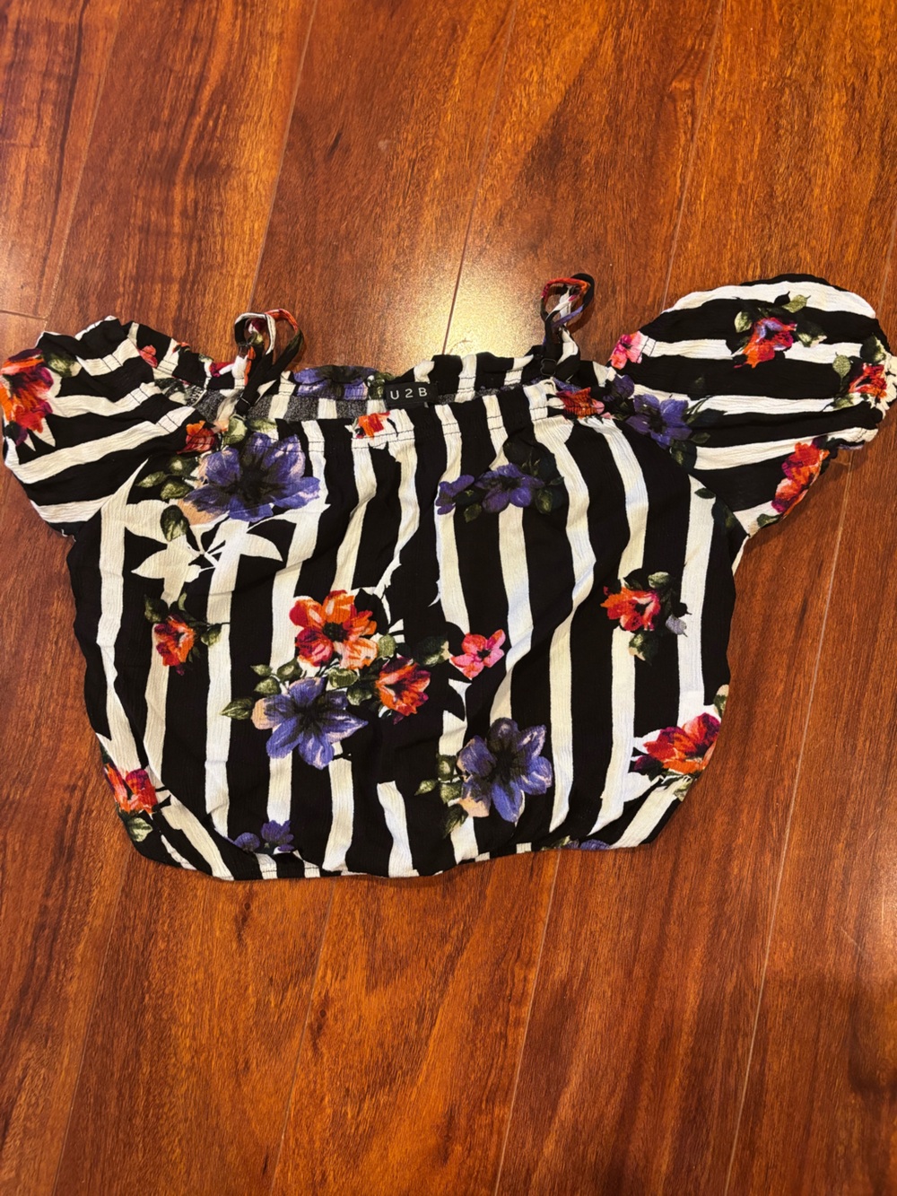 Striped Black & White Floral Off-Shoulder Crop Top